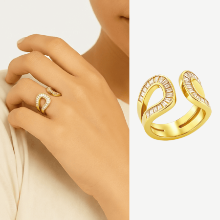 Kadın Xuping Çelik Yüzük - Baget Kesim Beyaz Zirkon Taşlı - Altın Renk - Ayarlanabilir Ölçü - Tesbihane