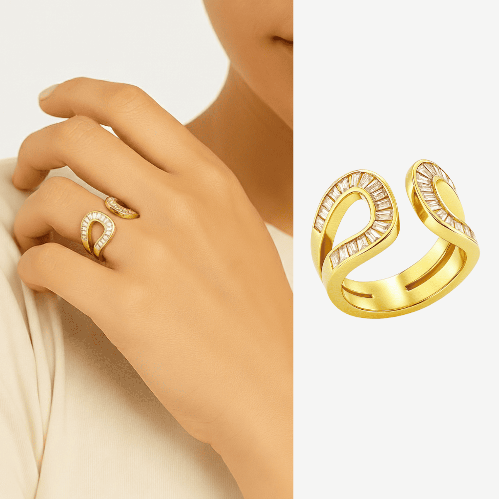 Kadın Xuping Çelik Yüzük - Baget Kesim Beyaz Zirkon Taşlı - Altın Renk - Ayarlanabilir Ölçü - 1