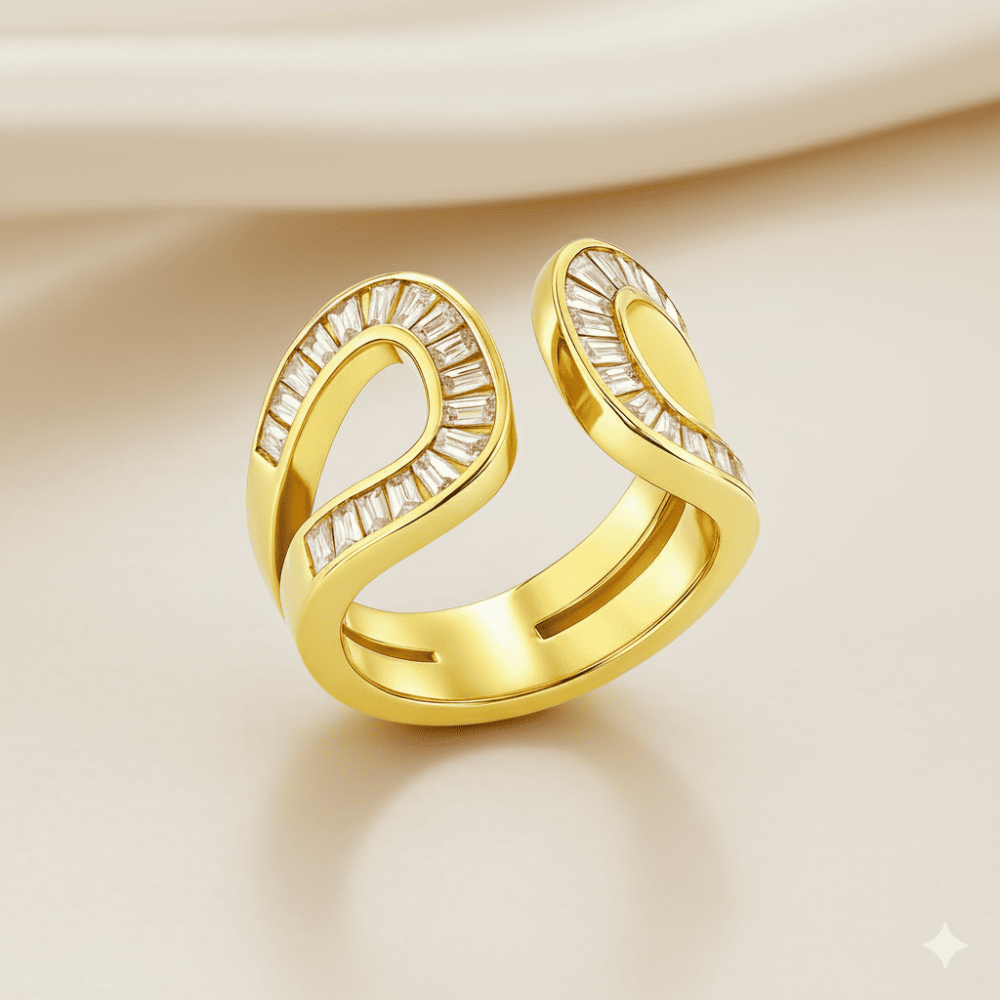 Kadın Xuping Çelik Yüzük - Baget Kesim Beyaz Zirkon Taşlı - Altın Renk - Ayarlanabilir Ölçü - 3