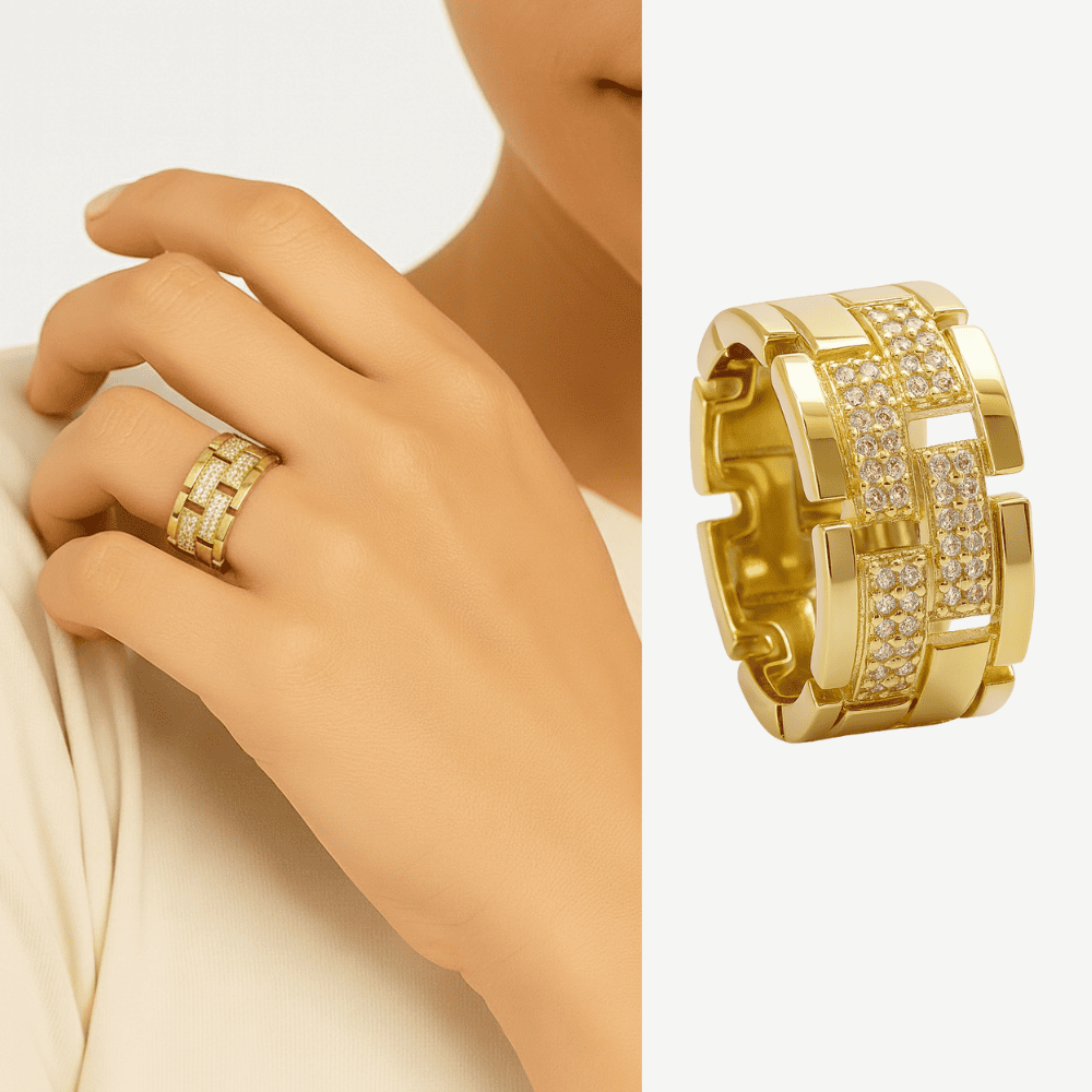 Kadın Xuping Çelik Yüzük - Greek Desenli - Beyaz Zirkon Taşlı - Altın Renk - 14 Ölçü - 1