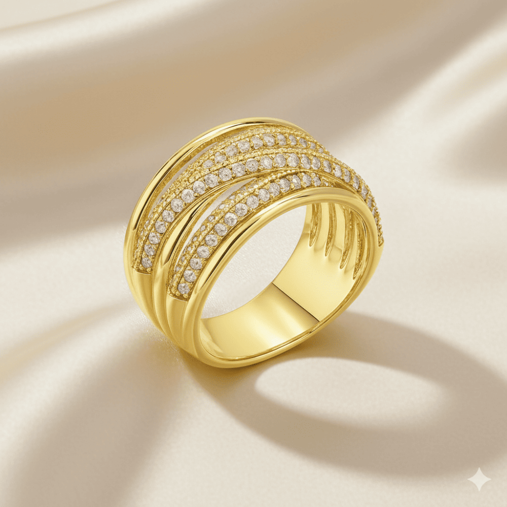 Kadın Xuping Çelik Yüzük - Örgü Model - Beyaz Zirkon Taşlı - Altın Renk - 12 Ölçü - 3