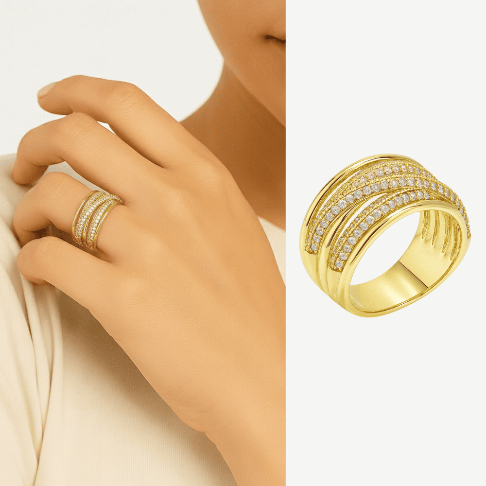 Kadın Xuping Çelik Yüzük - Örgü Model - Beyaz Zirkon Taşlı - Altın Renk - 14 Ölçü - 1