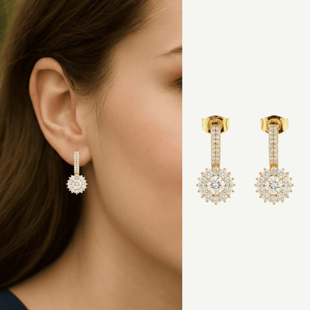 Kadın Xuping Sallantılı Çelik Küpe - Papatya Model - Beyaz Zirkon Taşlı - Altın Renk - 1