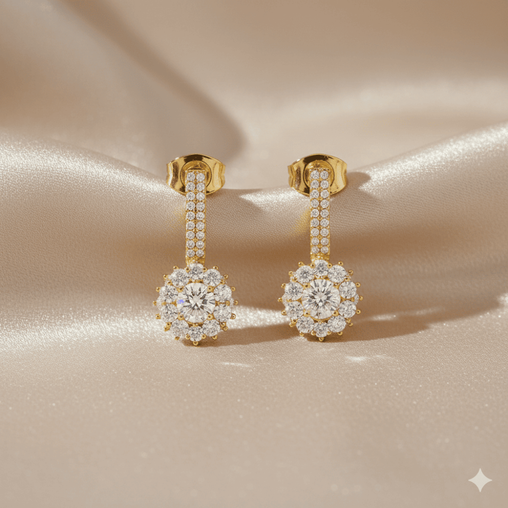 Kadın Xuping Sallantılı Çelik Küpe - Papatya Model - Beyaz Zirkon Taşlı - Altın Renk - 3