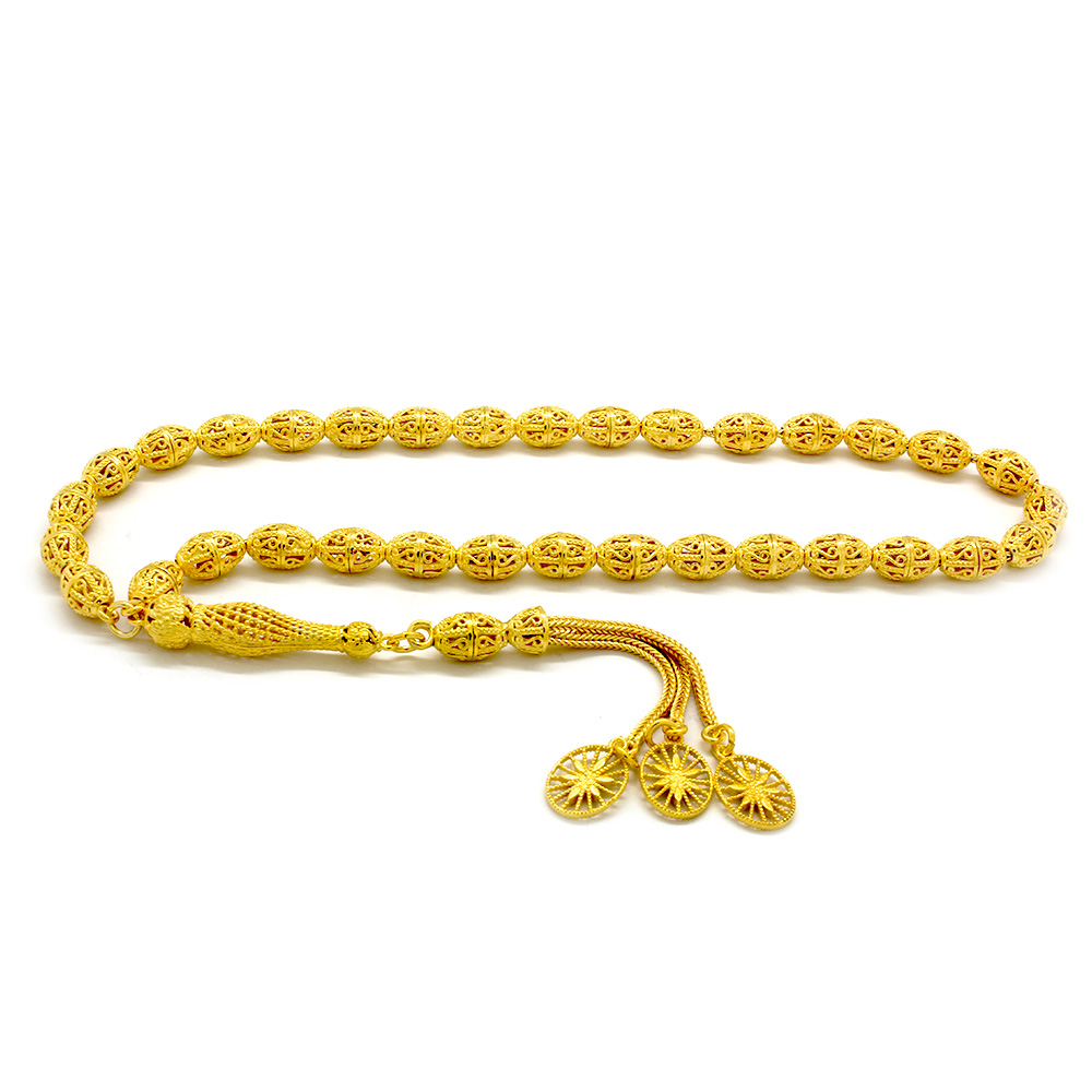 Kafes Tasarım Gold Renk Arpa Kesim 925 Ayar Gümüş Tesbih - M1 - 1