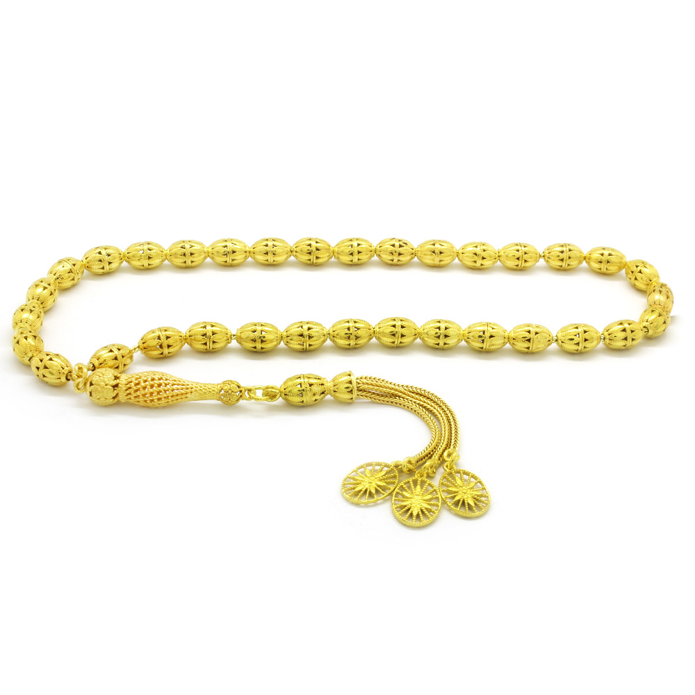 Kafes Tasarım Gold Renk Arpa Kesim 925 Ayar Gümüş Tesbih - M2 - 1