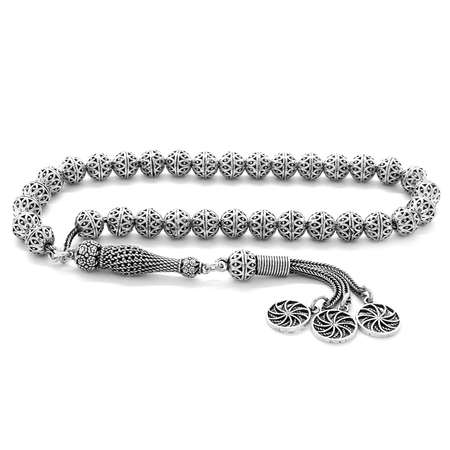 Kafes Tasarım Tekerlek Püsküllü Telkari Model Küre Kesim 925 Ayar Gümüş Tesbih - Tesbihane