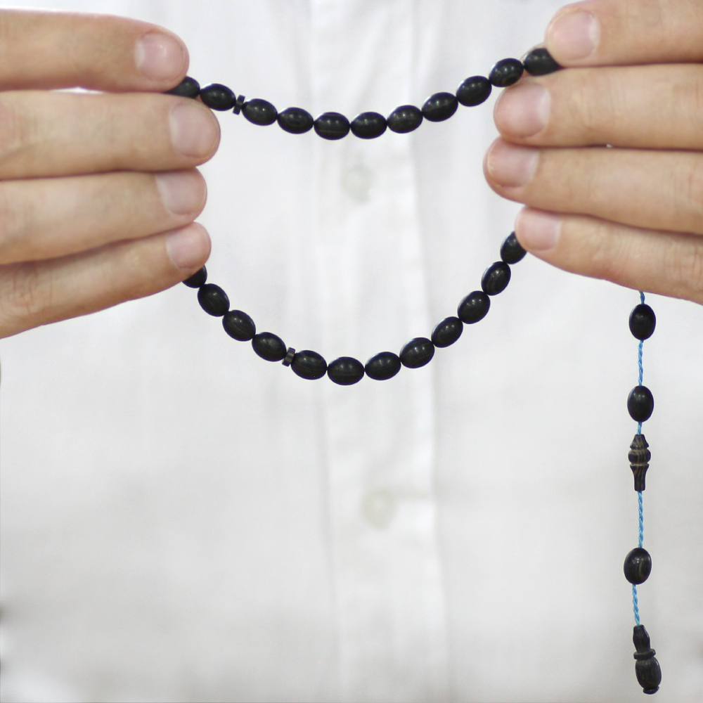 Kafur Ağacı Tesbih - Arpa Kesim - Usta İşi Sistemli - Siyah Renk - 3