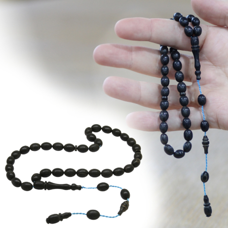 Kafur Ağacı Tesbih - Arpa Kesim - Usta İşi Sistemli - Siyah Renk - Tesbihane