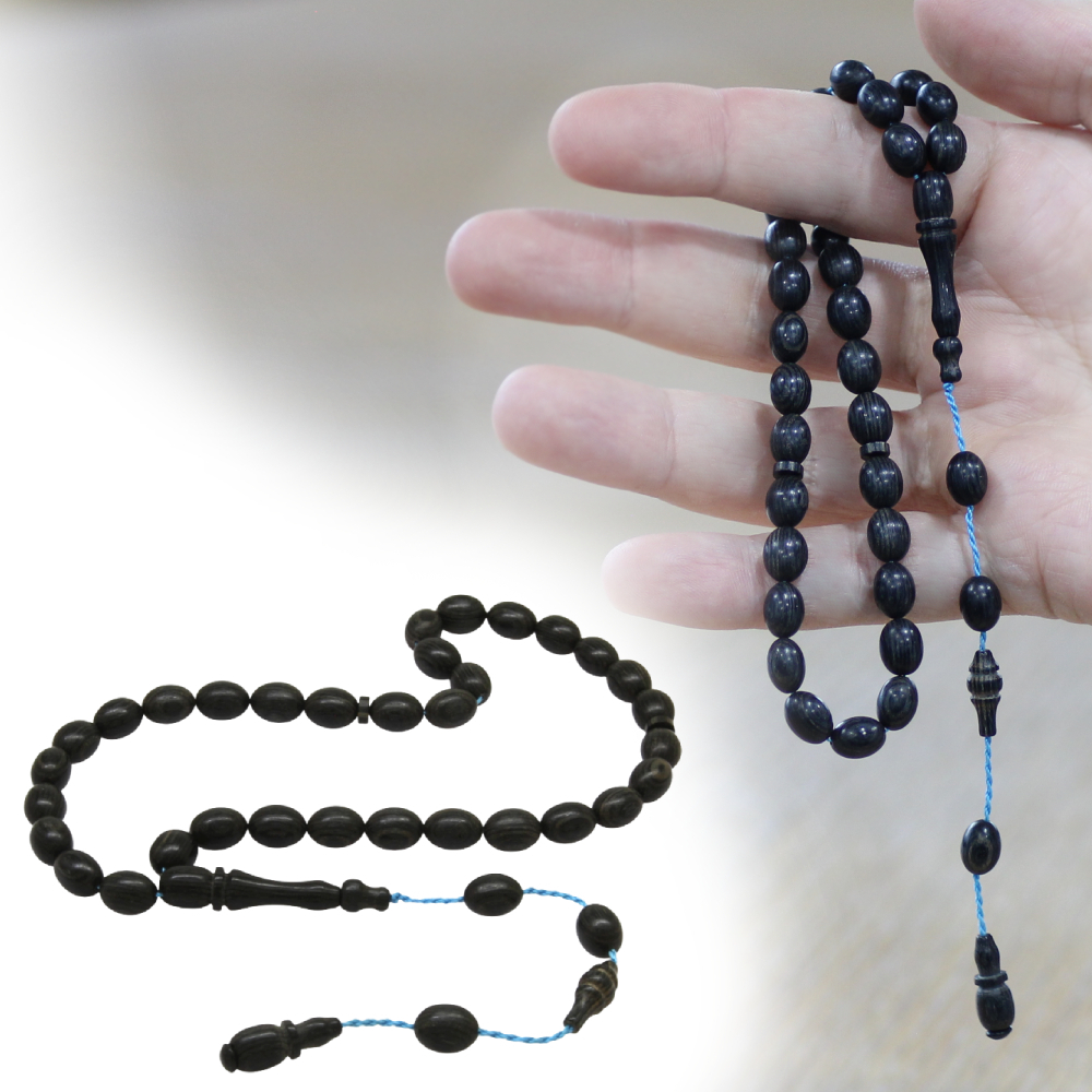 Kafur Ağacı Tesbih - Arpa Kesim - Usta İşi Sistemli - Siyah Renk - 1