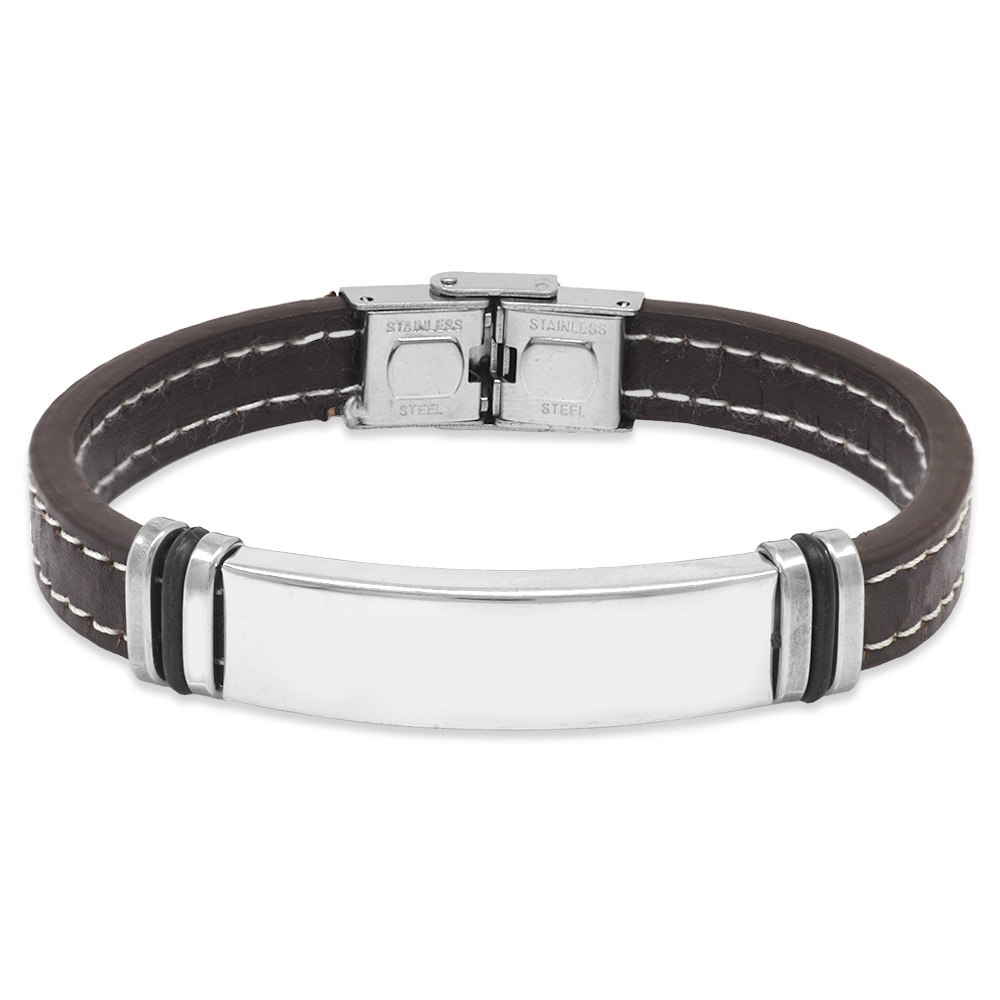 Kahverengi Deri ve Çelik Bileşim Kişiye Özel İsim Veya Harf Yazılı Erkek Bileklik - 1