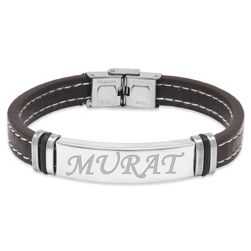 Kahverengi Deri ve Çelik Bileşim Kişiye Özel İsim Veya Harf Yazılı Erkek Bileklik - 2