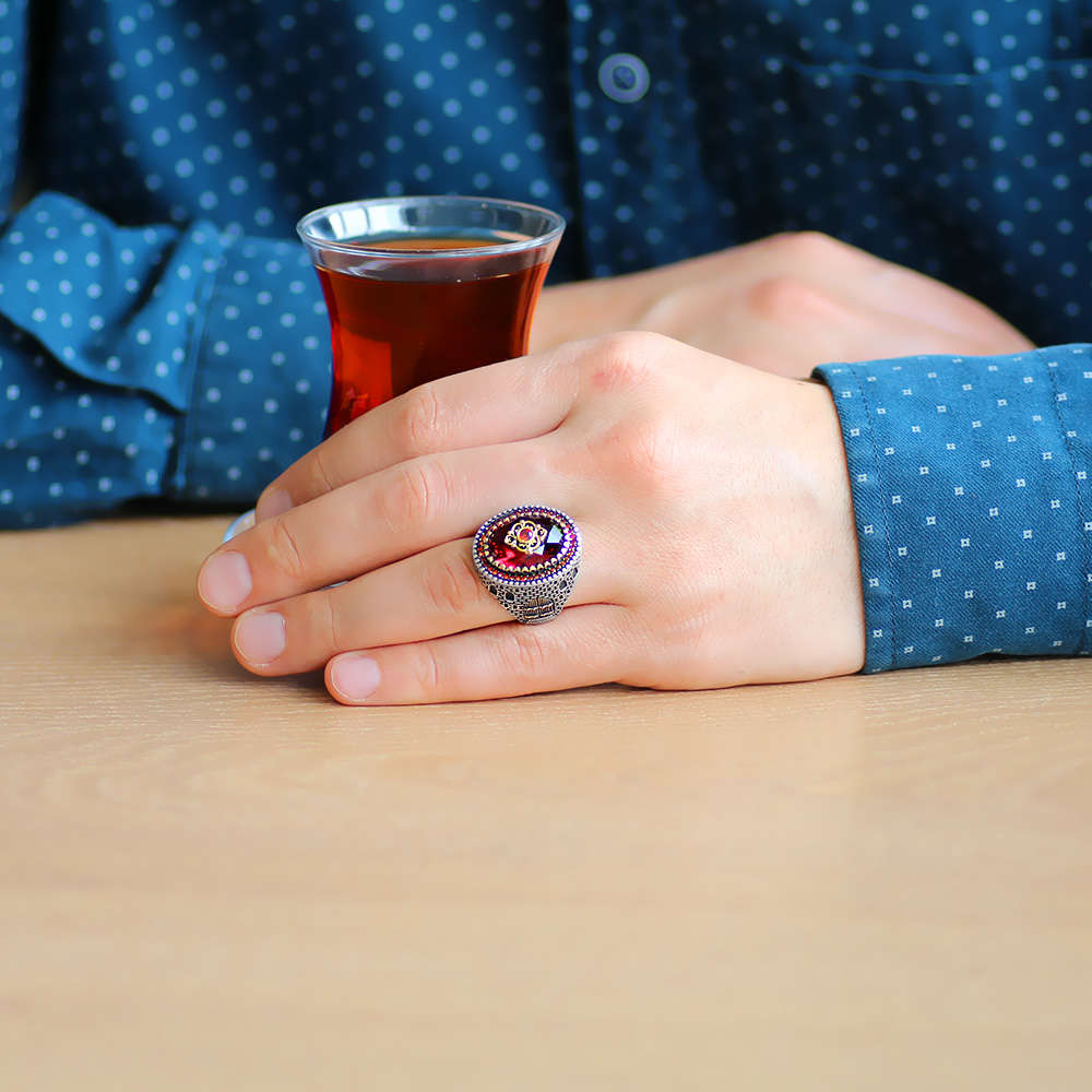 Kale Tasarım Faset Kesim Kırmızı Zirkon Taşlı 925 Ayar Gümüş Erkek Yüzük - 2