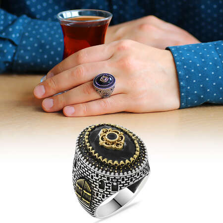 Kale Tasarım Faset Kesim Siyah Zirkon Taşlı 925 Ayar Gümüş Erkek Yüzük - Tesbihane