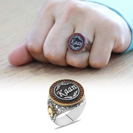 Kalem İşçilikli Ayyıldız Detaylı İsme Özel Yazılı 925 Ayar Gümüş Erkek Yüzük - Tesbihane