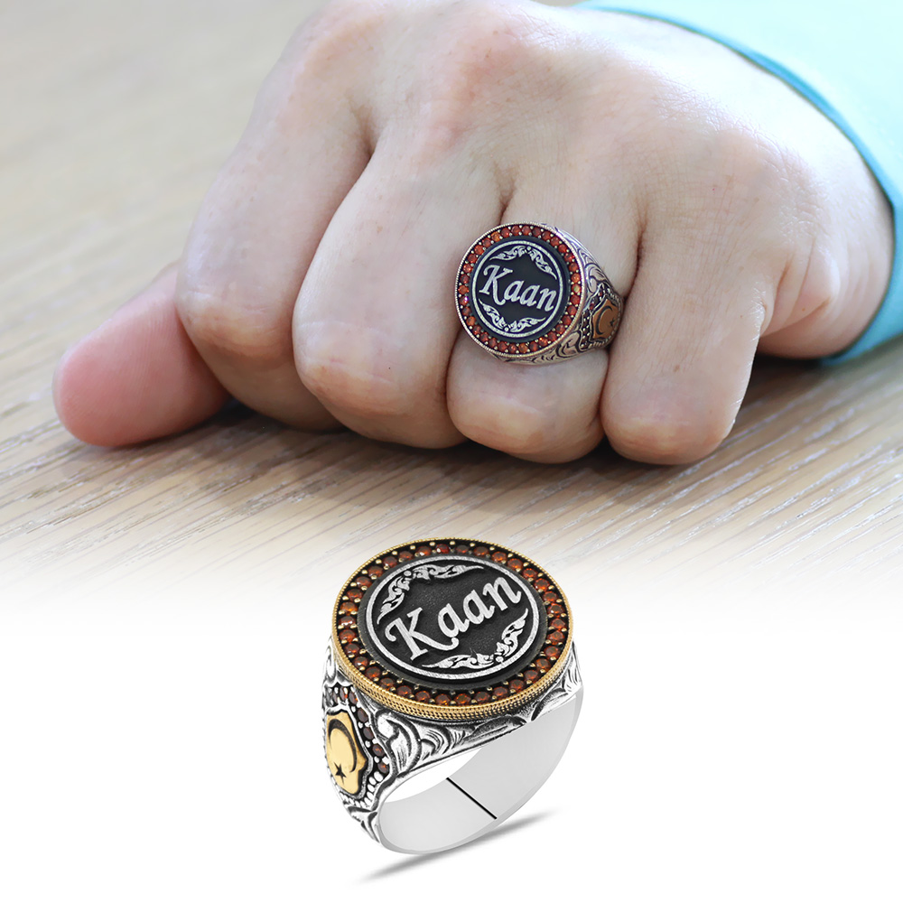 Kalem İşçilikli Ayyıldız Detaylı İsme Özel Yazılı 925 Ayar Gümüş Erkek Yüzük - 1