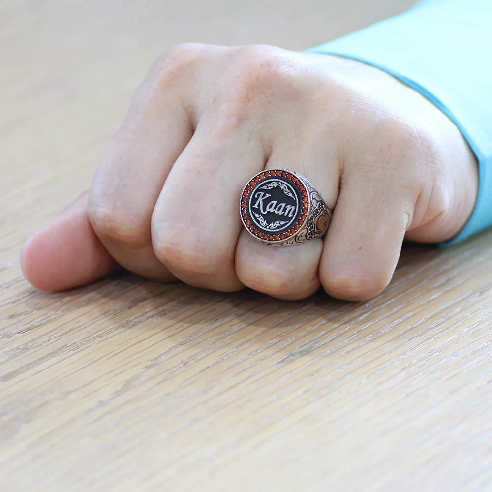 Kalem İşçilikli Ayyıldız Detaylı İsme Özel Yazılı 925 Ayar Gümüş Erkek Yüzük - 2