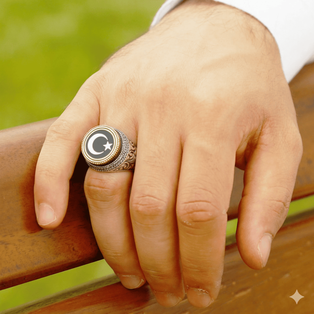 Kalem İşçilikli Ayyıldız Temalı Mikro Siyah Zirkon Taş Süslemeli 925 Ayar Gümüş Erkek Yüzük - 2