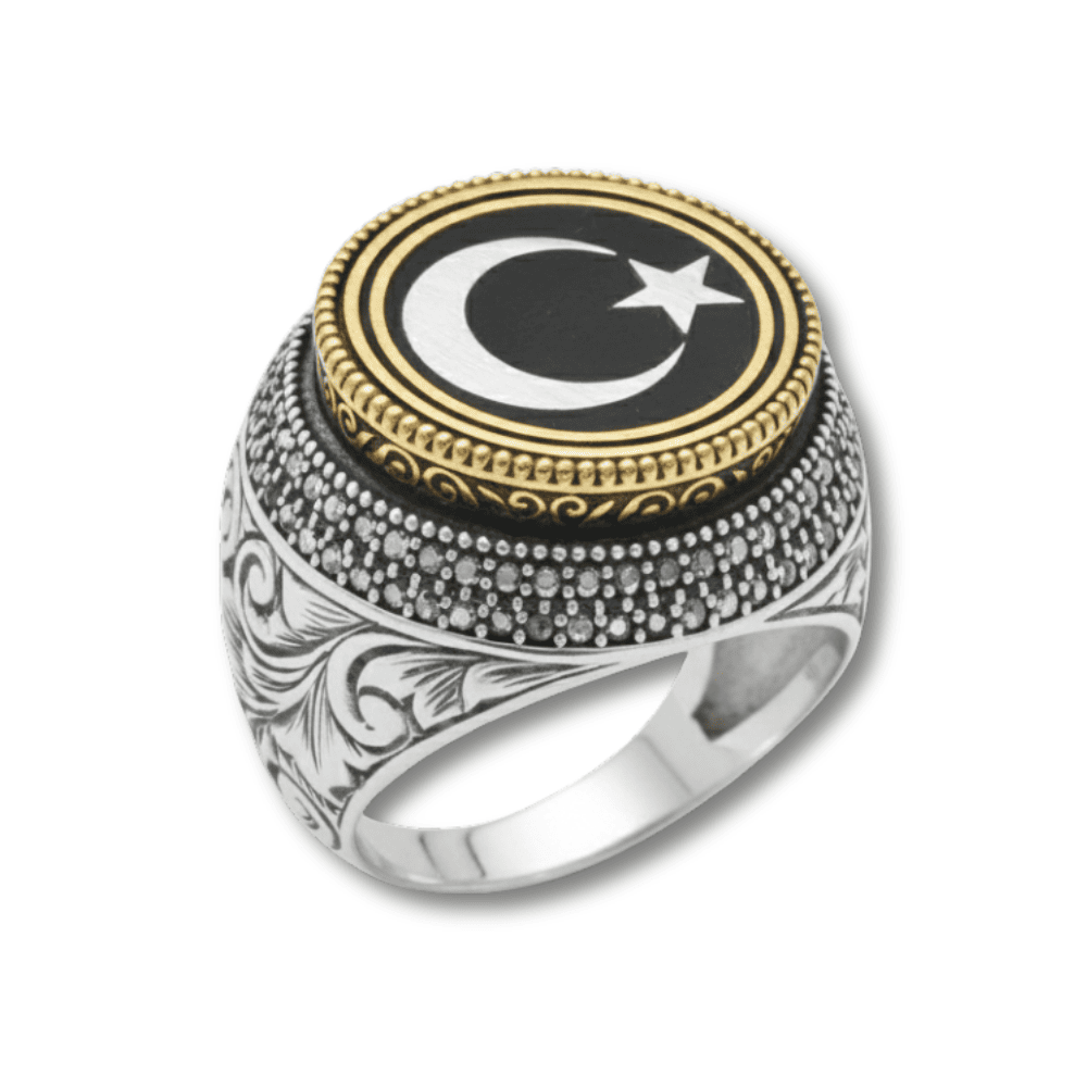 Kalem İşçilikli Ayyıldız Temalı Mikro Siyah Zirkon Taş Süslemeli 925 Ayar Gümüş Erkek Yüzük - 3