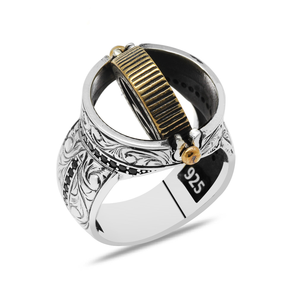 Kalem İşçilikli Çift Taraflı İsme Özel Harf Yazılı 925 Ayar Gümüş Erkek Yüzük - 4