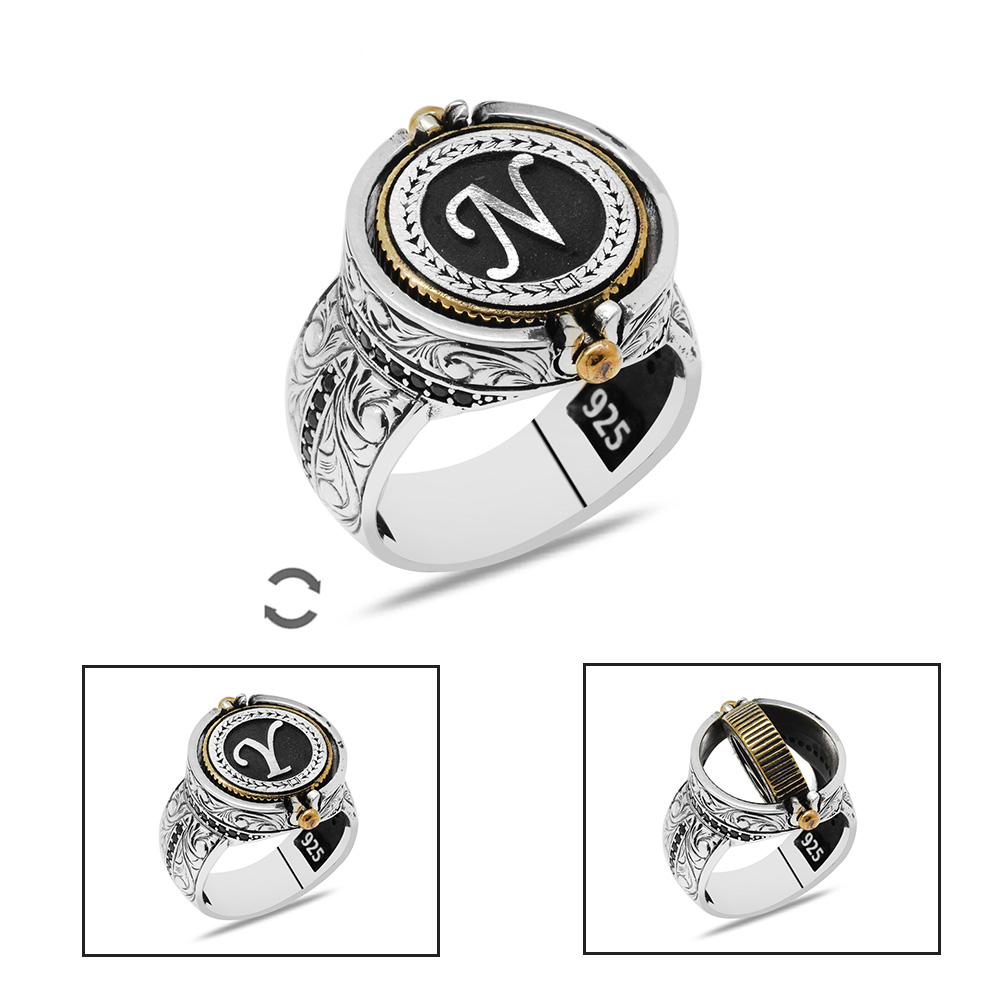 Kalem İşçilikli Çift Taraflı İsme Özel Harf Yazılı 925 Ayar Gümüş Erkek Yüzük - 1