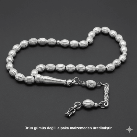 Kalem İşçilikli Lale Püsküllü Arpa Kesim Gümüş Renk Alpaka Tesbih - Tesbihane