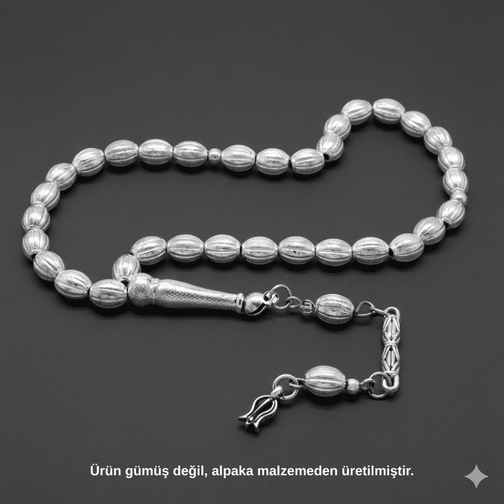 Kalem İşçilikli Lale Püsküllü Arpa Kesim Gümüş Renk Alpaka Tesbih - 1