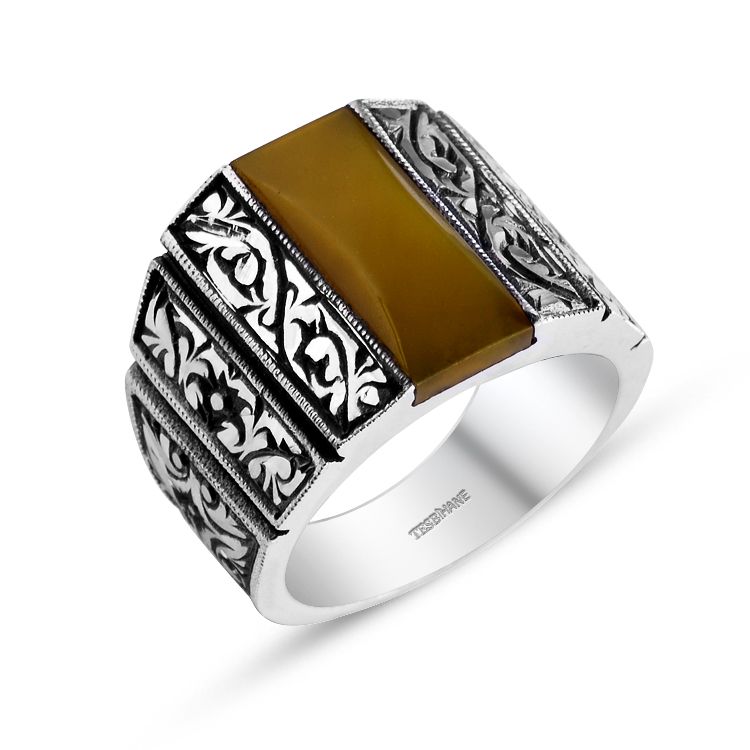 Kalem İşlemeli Erzurum El İşi Sıkma Kehribarlı Yüzük (model 6) - 3