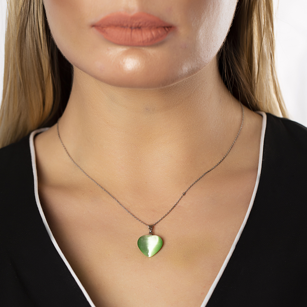 Kalp Tasarım 925 Ayar Gümüş Zincirli Çift Taraflı Fıstık Yeşil Kedigözü Kolye - 2