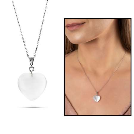 Kalp Tasarım 925 Ayar Gümüş Zincirli Çift Taraflı Soft Beyaz Kedigözü Kolye - Tesbihane