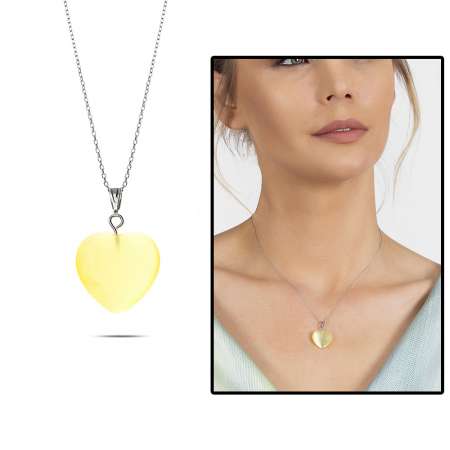 Kalp Tasarım 925 Ayar Gümüş Zincirli Çift Taraflı Soft Yeşil Kedigözü Kolye - Tesbihane