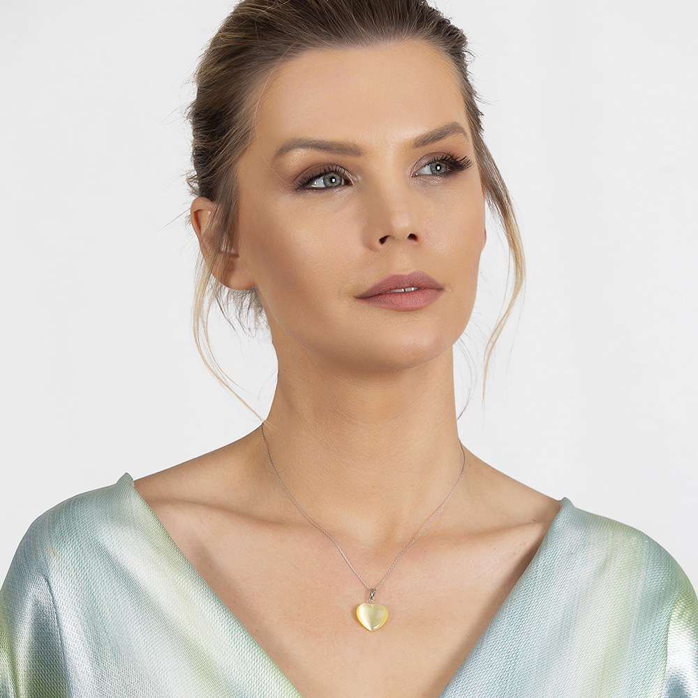 Kalp Tasarım 925 Ayar Gümüş Zincirli Çift Taraflı Soft Yeşil Kedigözü Kolye - 2