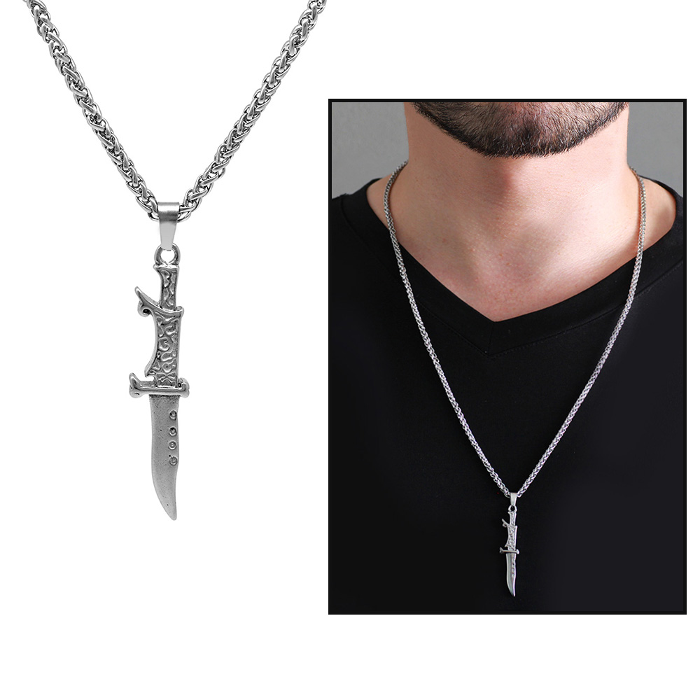 Kama Tasarım Gümüş Renk Çelik Erkek Kolye - 1