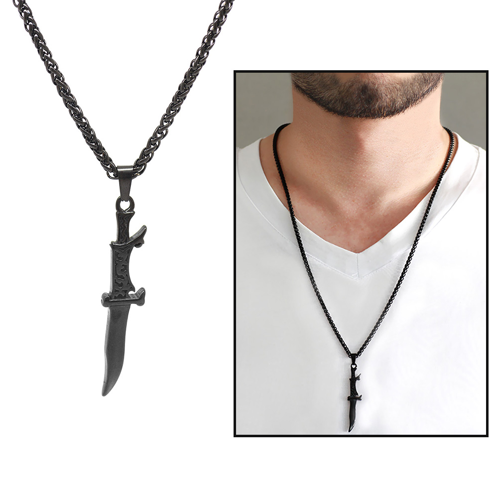 Kama Tasarım Siyah Renk Çelik Erkek Kolye - 1