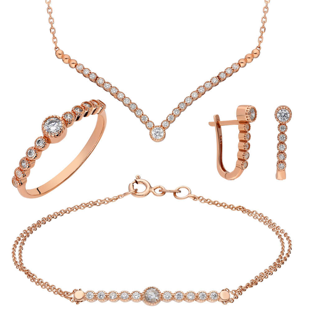 Kanat Tasarım Zirkon Taşlı Roz Renk 925 Ayar Gümüş Galaxia 4 lü Set - 2