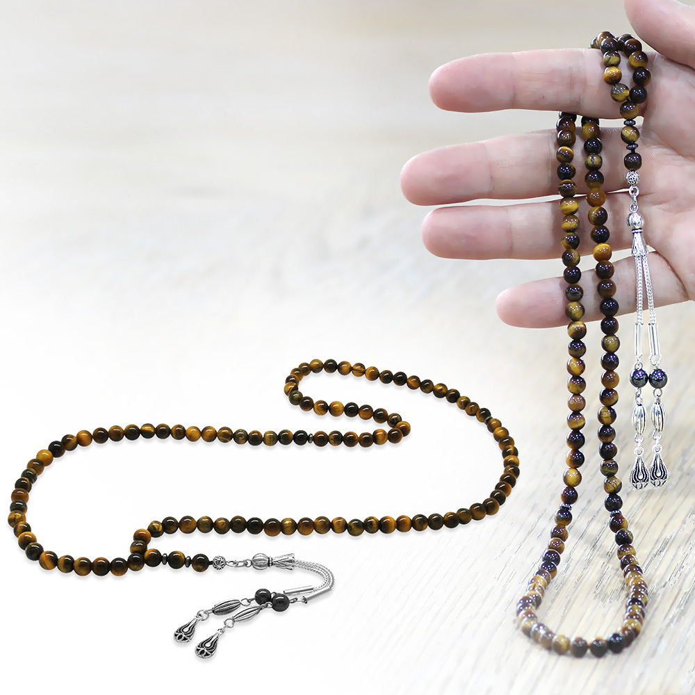 Kaplan Gözü Doğaltaş Namaz Tesbihi - Kararmaz Metal Damla Püsküllü - Kahverengi - Küre Kesim - 2