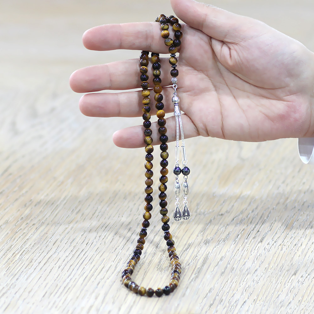 Kaplan Gözü Doğaltaş Namaz Tesbihi - Kararmaz Metal Damla Püsküllü - Kahverengi - Küre Kesim - 3