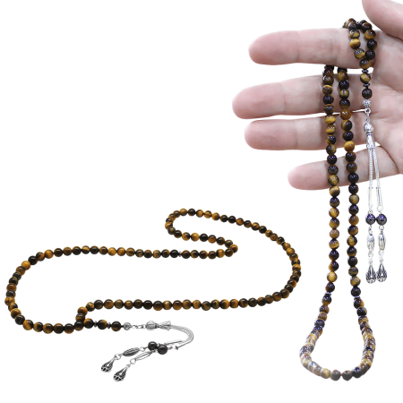 Kaplan Gözü Doğaltaş Namaz Tesbihi - Kararmaz Metal Damla Püsküllü - Kahverengi - Küre Kesim - Tesbihane