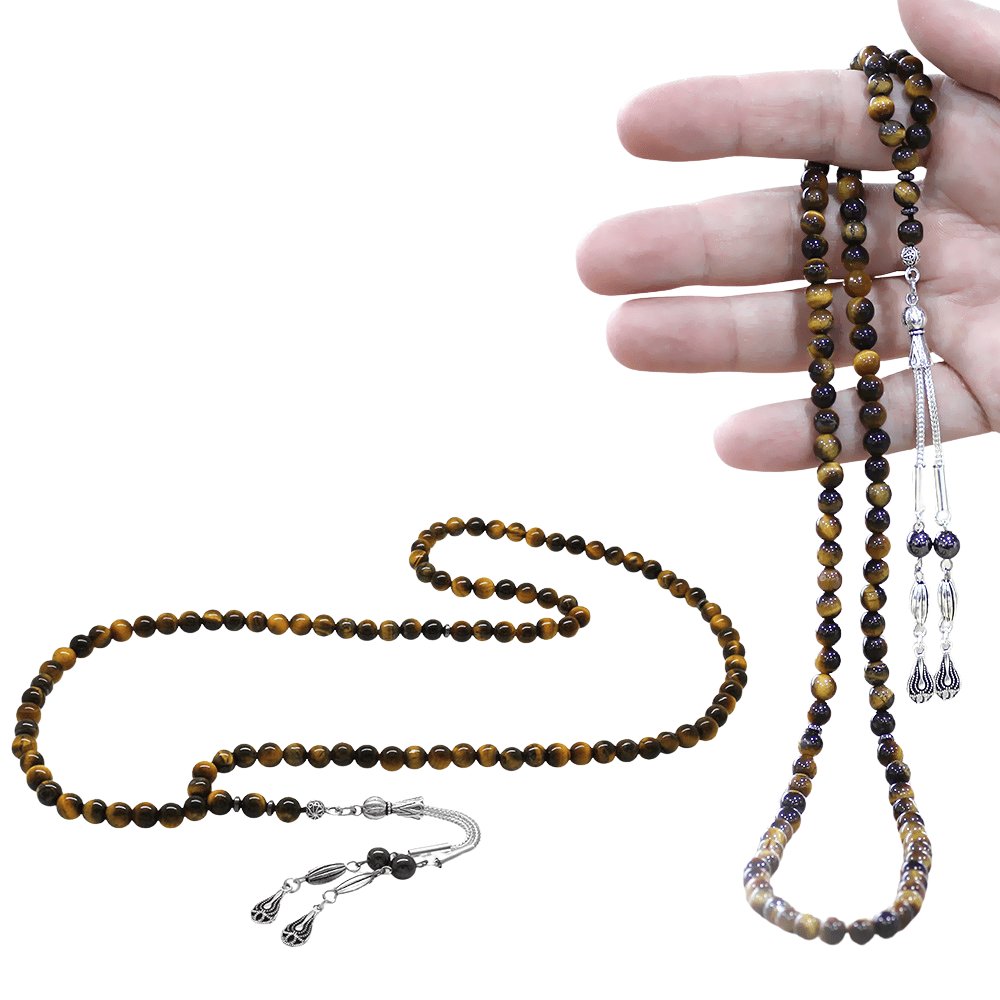 Kaplan Gözü Doğaltaş Namaz Tesbihi - Kararmaz Metal Damla Püsküllü - Kahverengi - Küre Kesim - 1