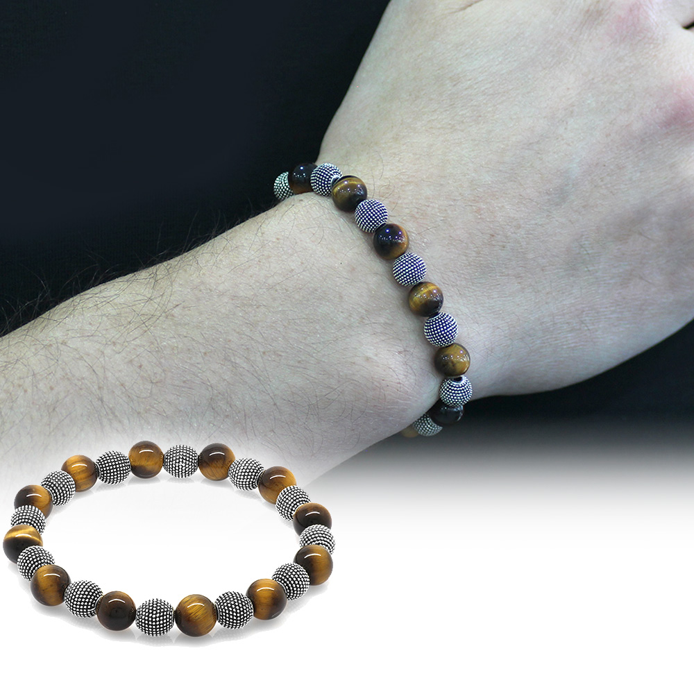 Kaplan Gözü Doğaltaş Bileklik - Metal Kombinli - Küre Kesim - 1