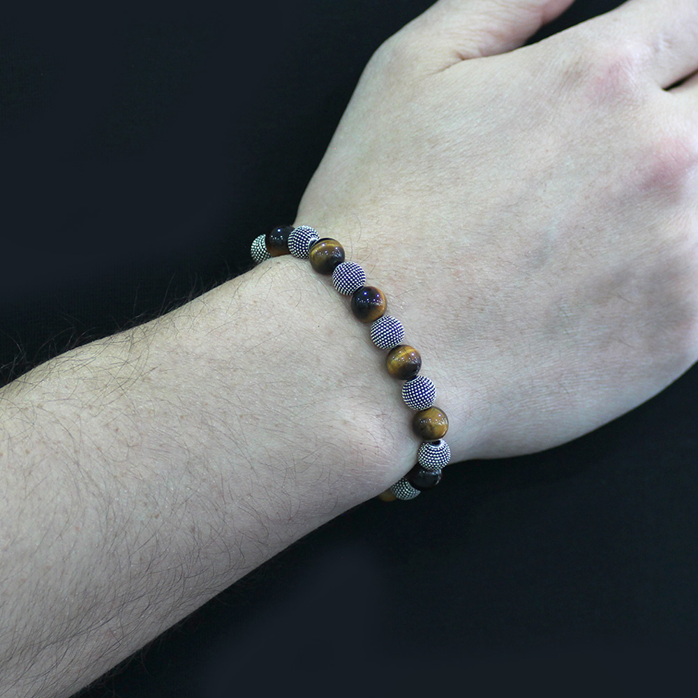 Kaplan Gözü Doğaltaş Bileklik - Metal Kombinli - Küre Kesim - 2