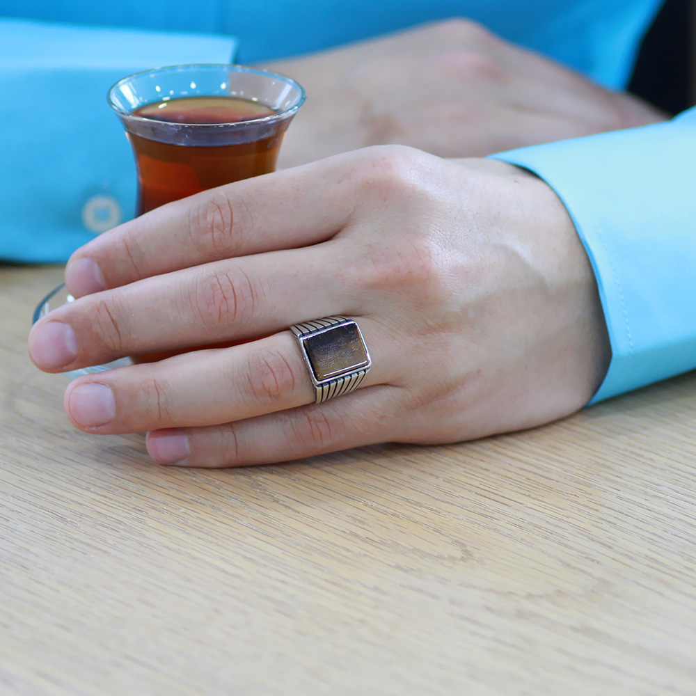 Kaplan Gözü Taşlı Elegance Tasarım 925 Ayar Gümüş Erkek Yüzük - 3