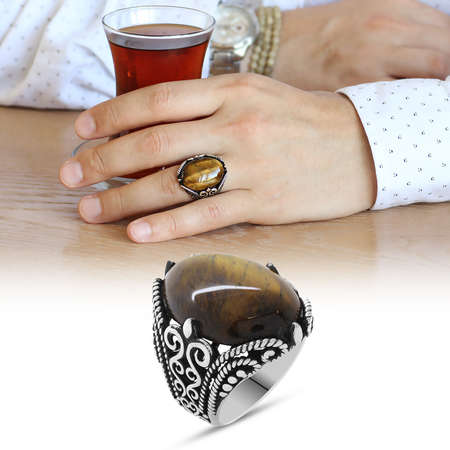 Kaplan Gözü Taşlı Ferforje Tasarım 925 Ayar Gümüş Erkek Yüzük - Tesbihane