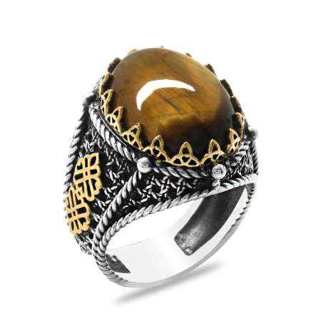 Kaplan Gözü Taşlı Kral Tacı Tasarım 925 Ayar Gümüş Erkek Yüzük - Tesbihane