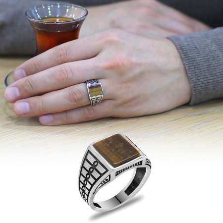 Kaplan Gözü Taşlı Merdiven Motifli 925 Ayar Gümüş Erkek Yüzük - STOKYOK