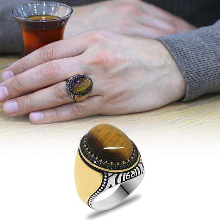 Kaplan Gözü Taşlı Mikro Zirkon Taş Mıhlamalı Kişiye Özel İsim/Harf Yazılı 925 Ayar Gümüş Erkek Yüzük - STOKYOK