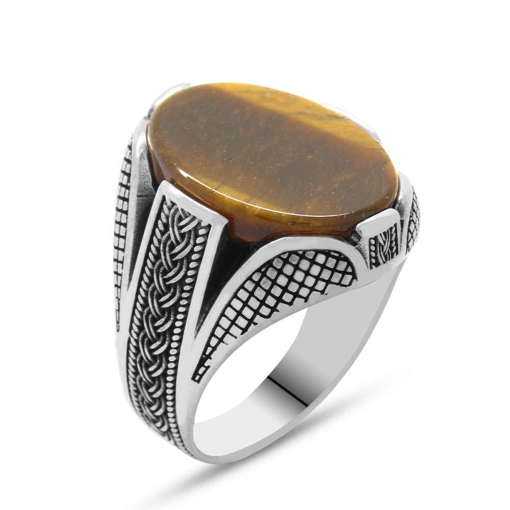 Kaplan Gözü Taşlı Örgü Tasarım 925 Ayar Gümüş Erkek Yüzük - 3