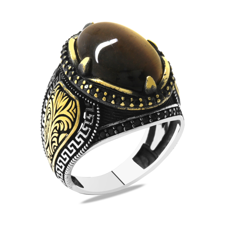 Kaplan Gözü Taşlı Oval Tasarım Grek Süslemeli 925 Ayar Gümüş Erkek Yüzük - 2