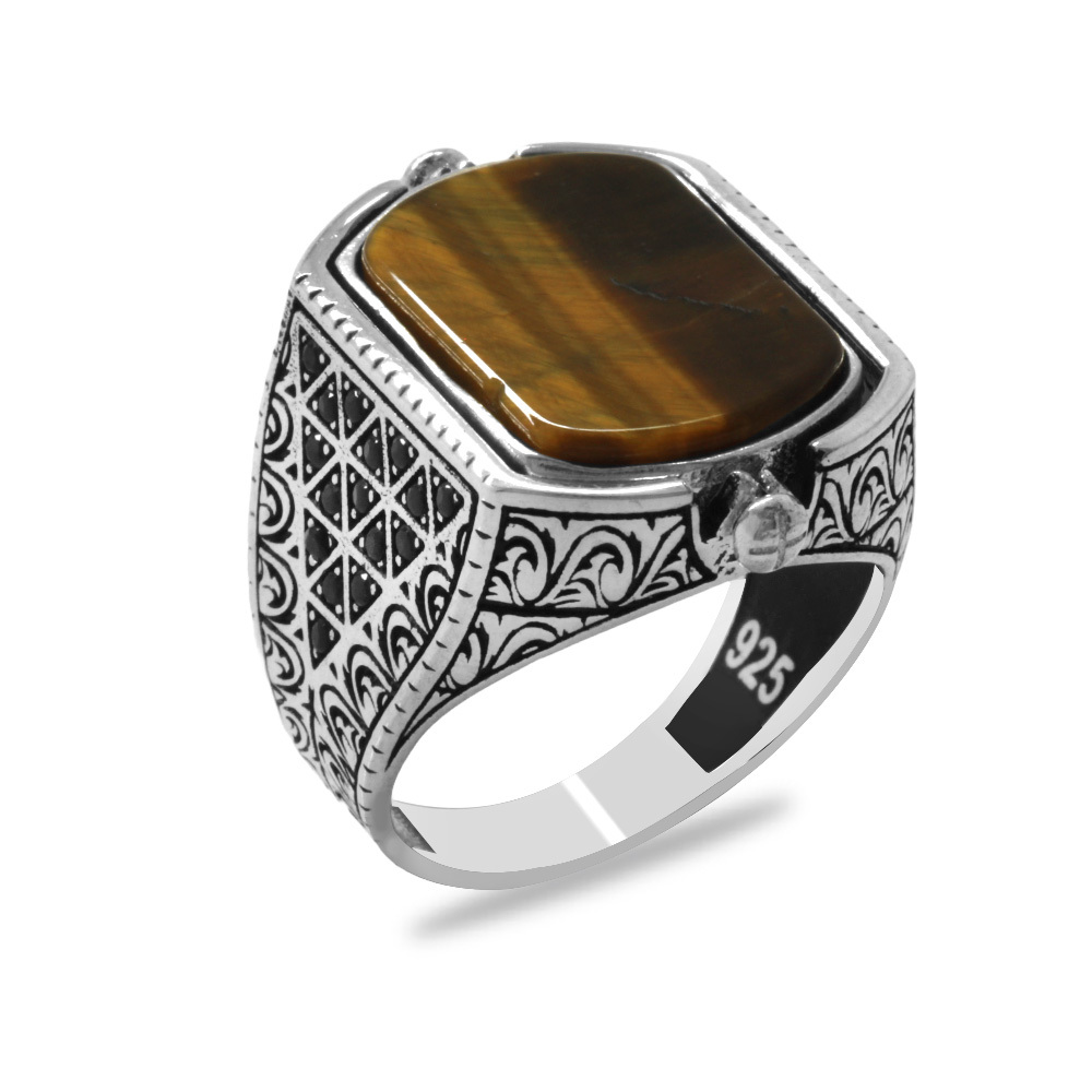 Kaplan Gözü ve Zirkon Taşlı Çift Taraflı İsme Özel Harf Yazılı 925 Ayar Gümüş Erkek Yüzük - 4