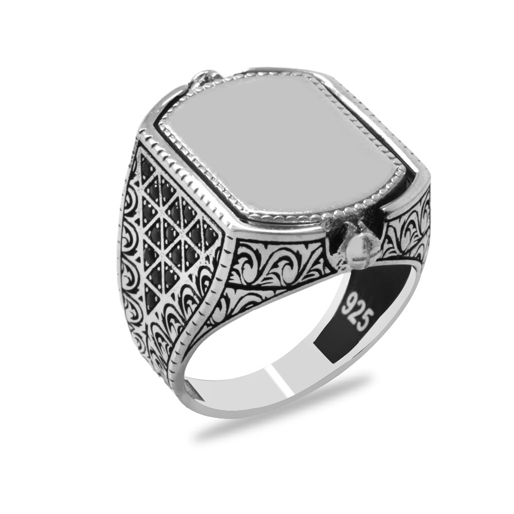 Kaplan Gözü ve Zirkon Taşlı Çift Taraflı İsme Özel Harf Yazılı 925 Ayar Gümüş Erkek Yüzük - 5